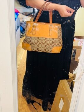 Coach Signature Shoulder Bag in Brown and Tan Leather Trim
